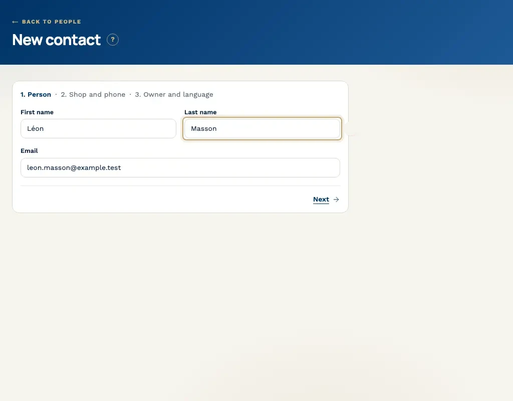 A short form for a new contact, with first name, last name and email.