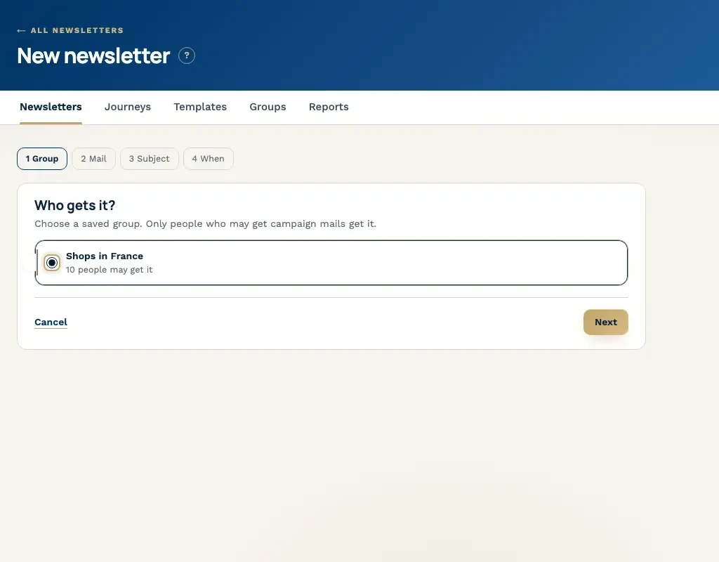 The first step of a newsletter, picking the group of people who receive it.