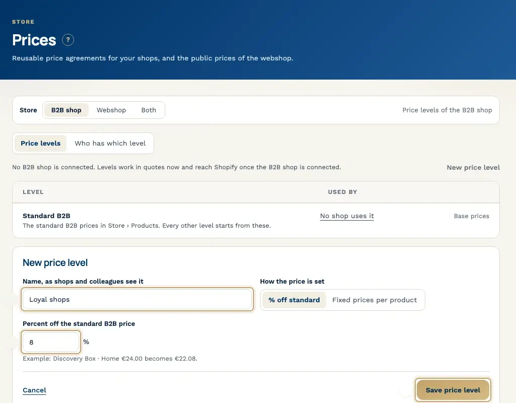Price levels for wholesale shops, with a new level set as a percent off the standard price.