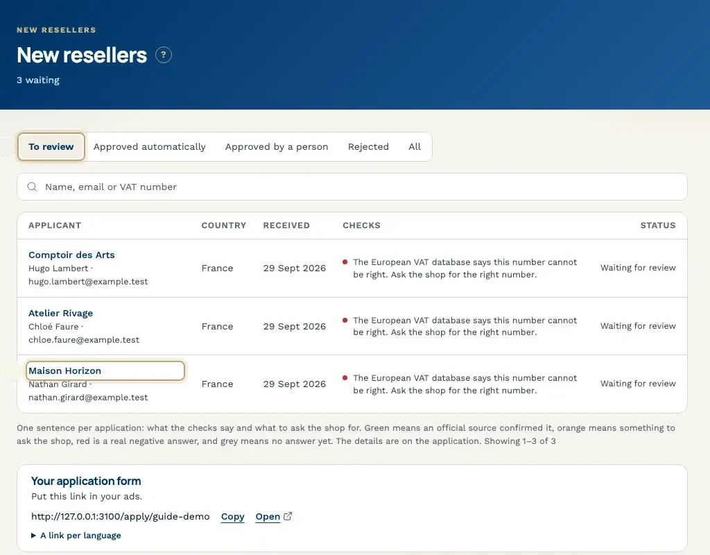 Incoming reseller applications, each with a check result and a status.