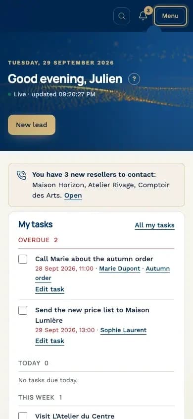 The same CRM on a phone with the tasks for today