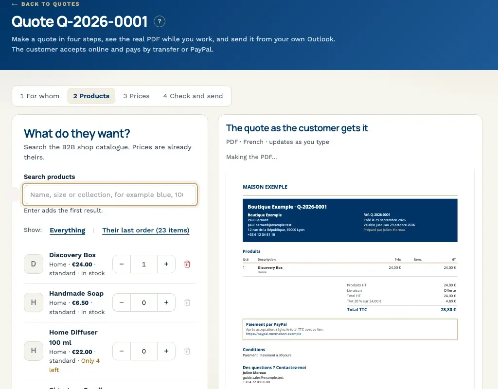 Building a quote step by step with the PDF updating next to it