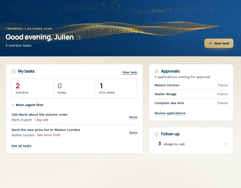 Today screen of a custom CRM with overdue tasks, approvals and shops to call