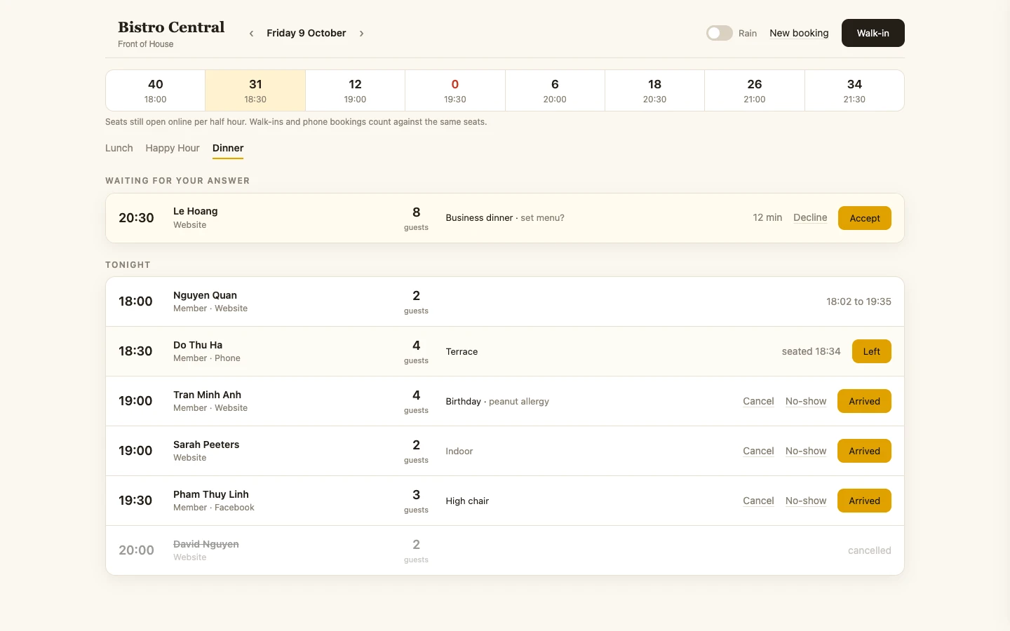 The evening reservation list, with seats still open and a booking waiting for an answer.