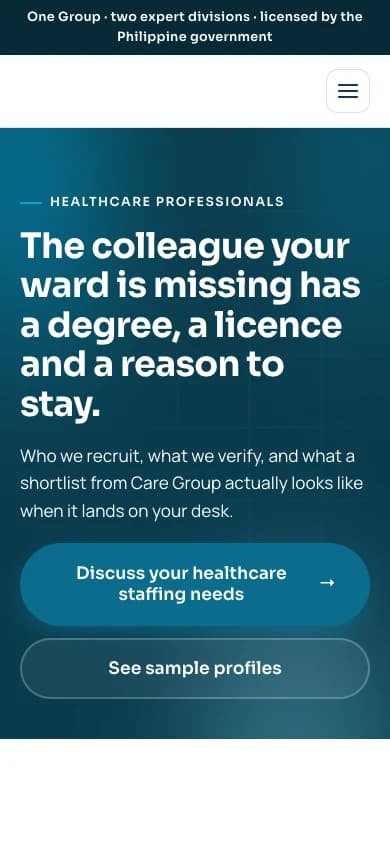 The care professionals page on a phone, with the same headline and two actions.