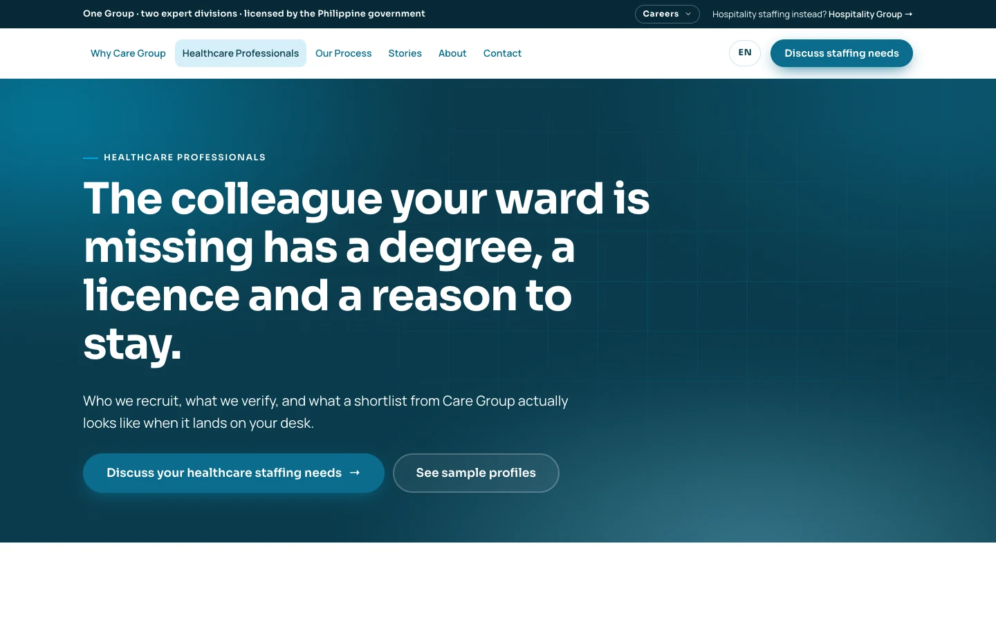 A care professionals page in teal, with a headline about a licensed colleague who stays.