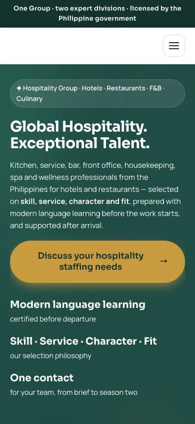 The hospitality staffing home on a phone, with the headline, the offer, and three short points.