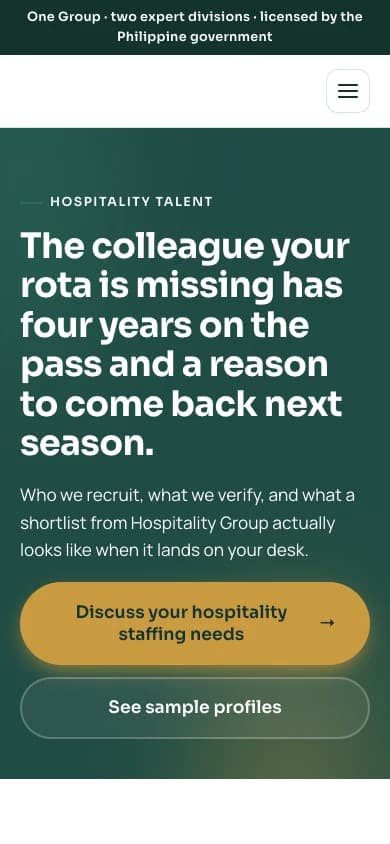The hospitality talent page on a phone, with the same headline and two actions.