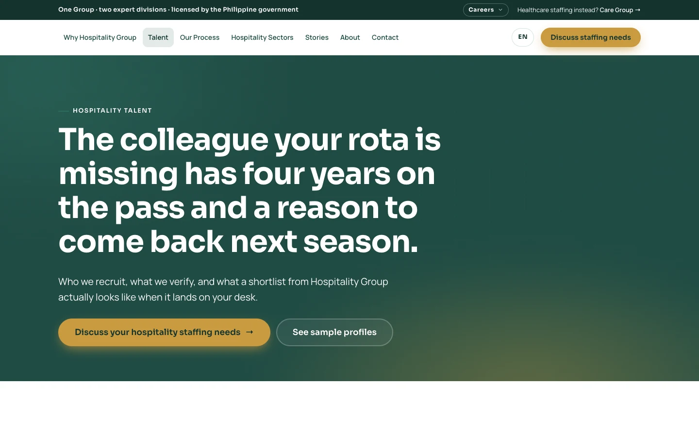 A hospitality talent page on green, with a headline about a seasonal colleague and two actions.