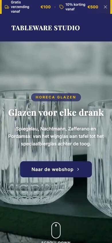 The glassware category on a phone, with the hero photo and a button into the shop.