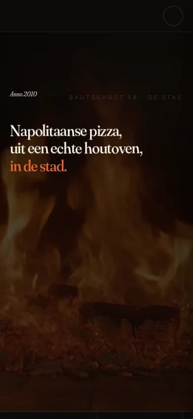 The restaurant home on a phone, with the wood-oven fire and the pizza line over it.